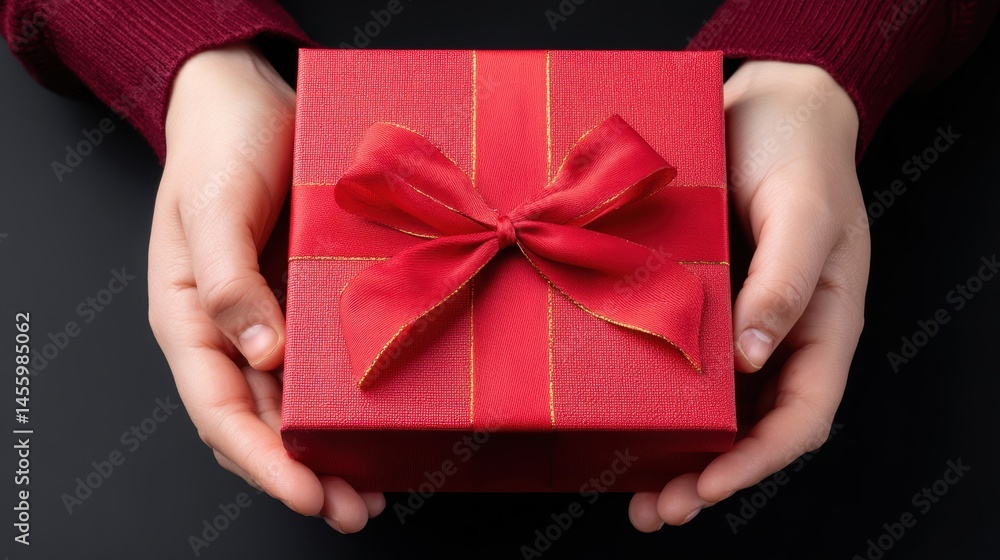 A person holds a red gift box with a ribbon, symbolizing giving, celebration, and generosity against a dark background.
