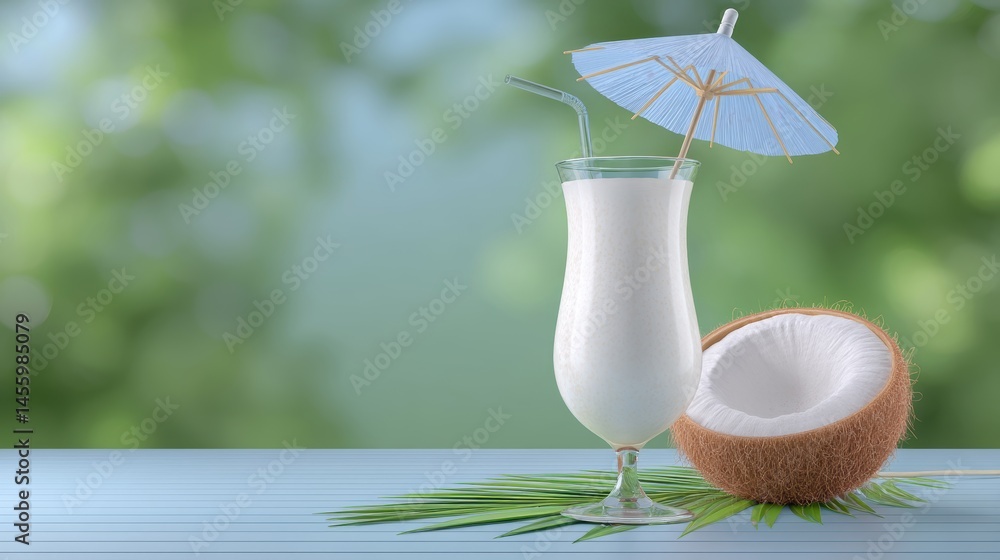 A refreshing coconut drink with a straw and umbrella, beside a halved coconut, on a blue table with a green, blurred background.