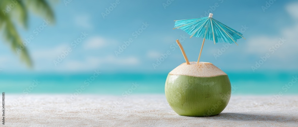 Fresh coconut drink with a blue umbrella on a beach with turquoise sea and clear sky in the background.