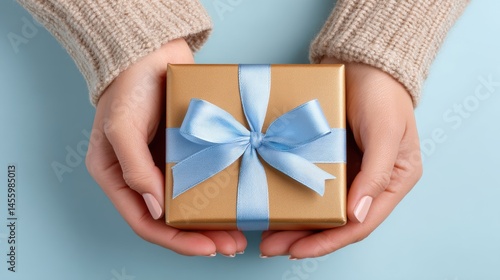 Obraz na płótnie A pair of hands holds a gold gift box tied with a light blue ribbon against a light blue background. w salonie