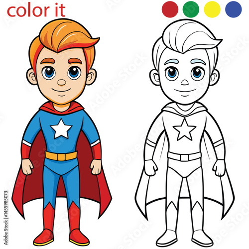 Superman coloring book page with color concept for kids. Adobe Illustrator Artwork. 