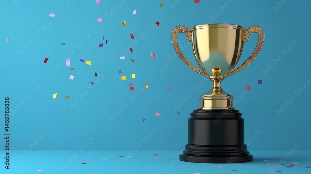 Fototapeta premium Gold trophy amidst colorful confetti on a vibrant backdrop.