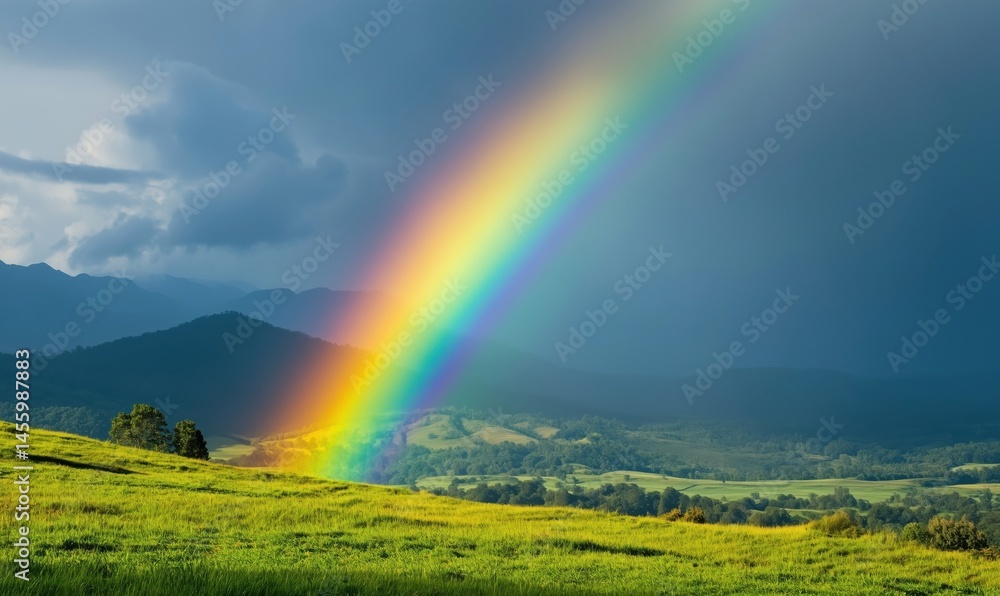 Vibrant rainbow arching over lush green hills and dramatic stormy sky Vibrant rainbow arching over lush green hills and dramatic stormy sky