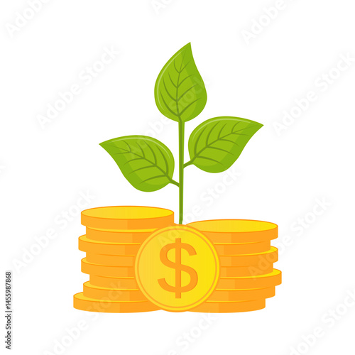 green plant and gold money coins over white background. growth funds economy concept. colorful design. vector illustration