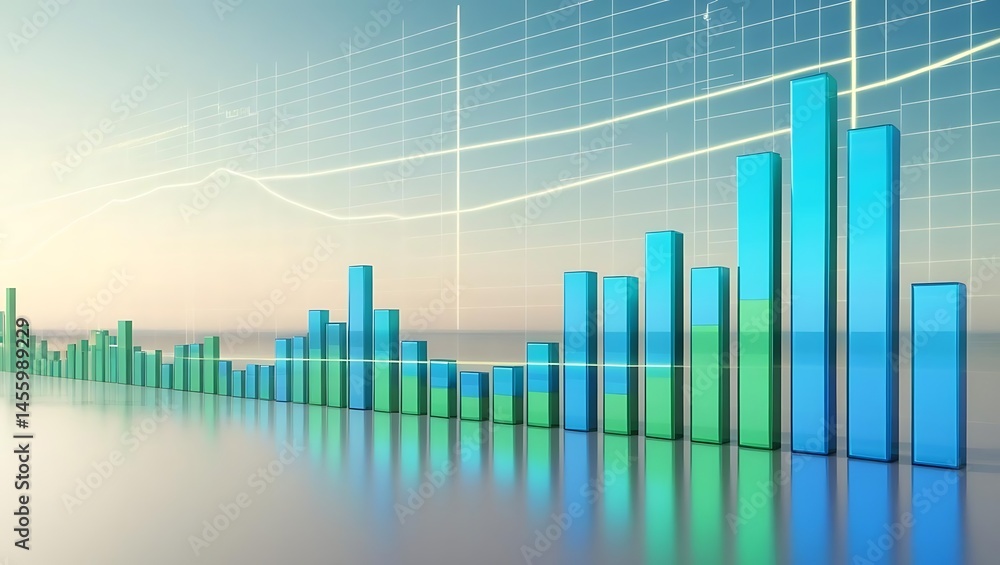 Sustainable Development Economic Growth concept with 3D bar graphs in blue and green hues illustrating financial progress on a reflective surface. Sustainable Development Economic Growth concept with 3D bar graphs in blue and green hues illustrating financial progress on a reflective surface.