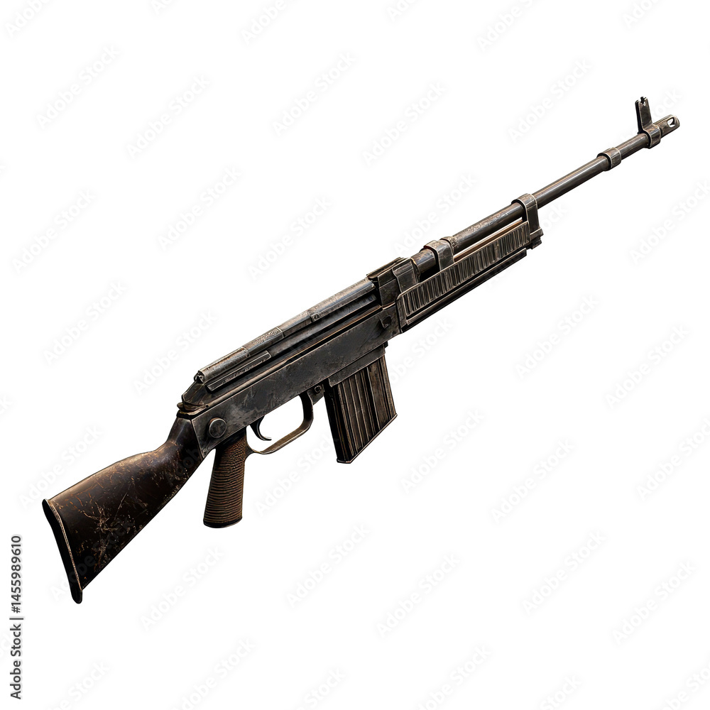 Obraz premium Vintage rifle displayed on a plain surface with detailed textures capturing the weathered condition and unique characteristics of the firearm