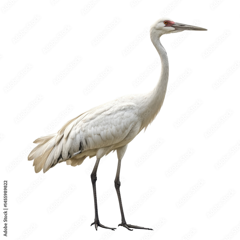 Elegant white crane standing tall against a plain background during a calm moment in nature Elegant white crane standing tall against a plain background during a calm moment in nature