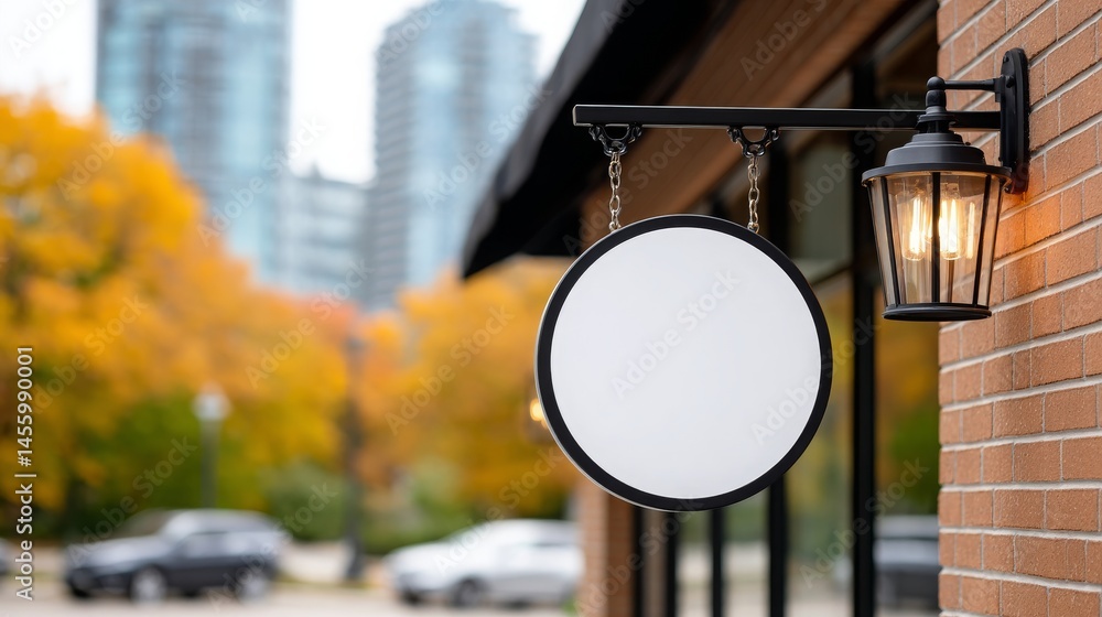 Empty Round Signboard Hanging Near Urban Street with Lantern Light Empty Round Signboard Hanging Near Urban Street with Lantern Light