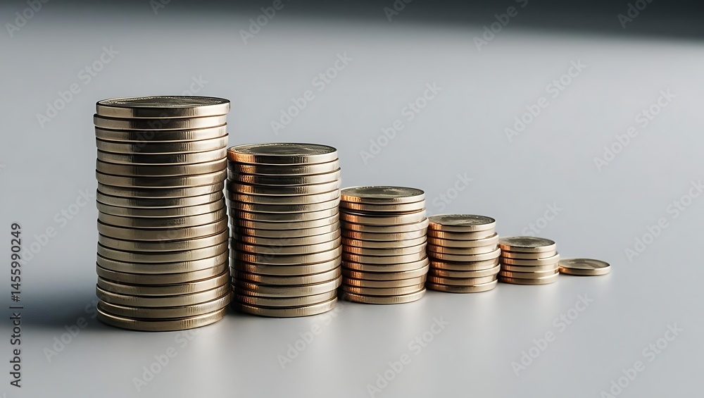 Sustainable Development Economic Growth concept, stacks of golden coins arranged in ascending order on a smooth gray surface, symbolizing financial growth. Sustainable Development Economic Growth concept, stacks of golden coins arranged in ascending order on a smooth gray surface, symbolizing financial growth.