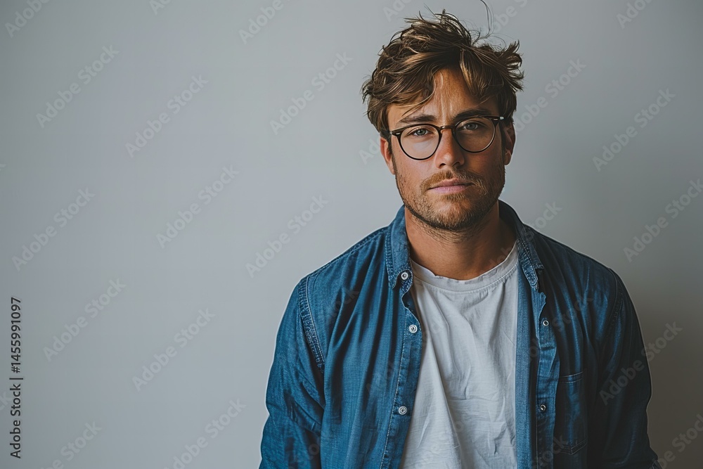 Obraz premium Confident man in blue shirt and glasses against white background, sleeves rolled up.