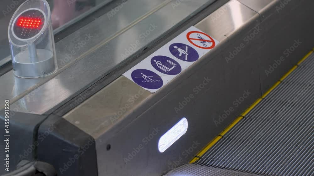 Close-up of Escalator Exit with Safety Warnings Close-up of Escalator Exit with Safety Warnings