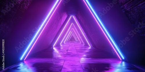 Futuristic neon-lit corridor with triangular shapes and vibrant purple lights
