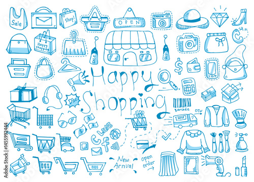 Whimsical Doodle Collection of Shopping Icons Including Bags, Products, and Accessories Illustrating a Joyful Shopping Experience