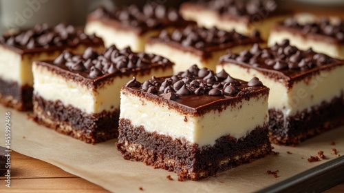 Wallpaper Mural Square chocolate cheesecake bars topped with chocolate chips on parchment paper. Torontodigital.ca