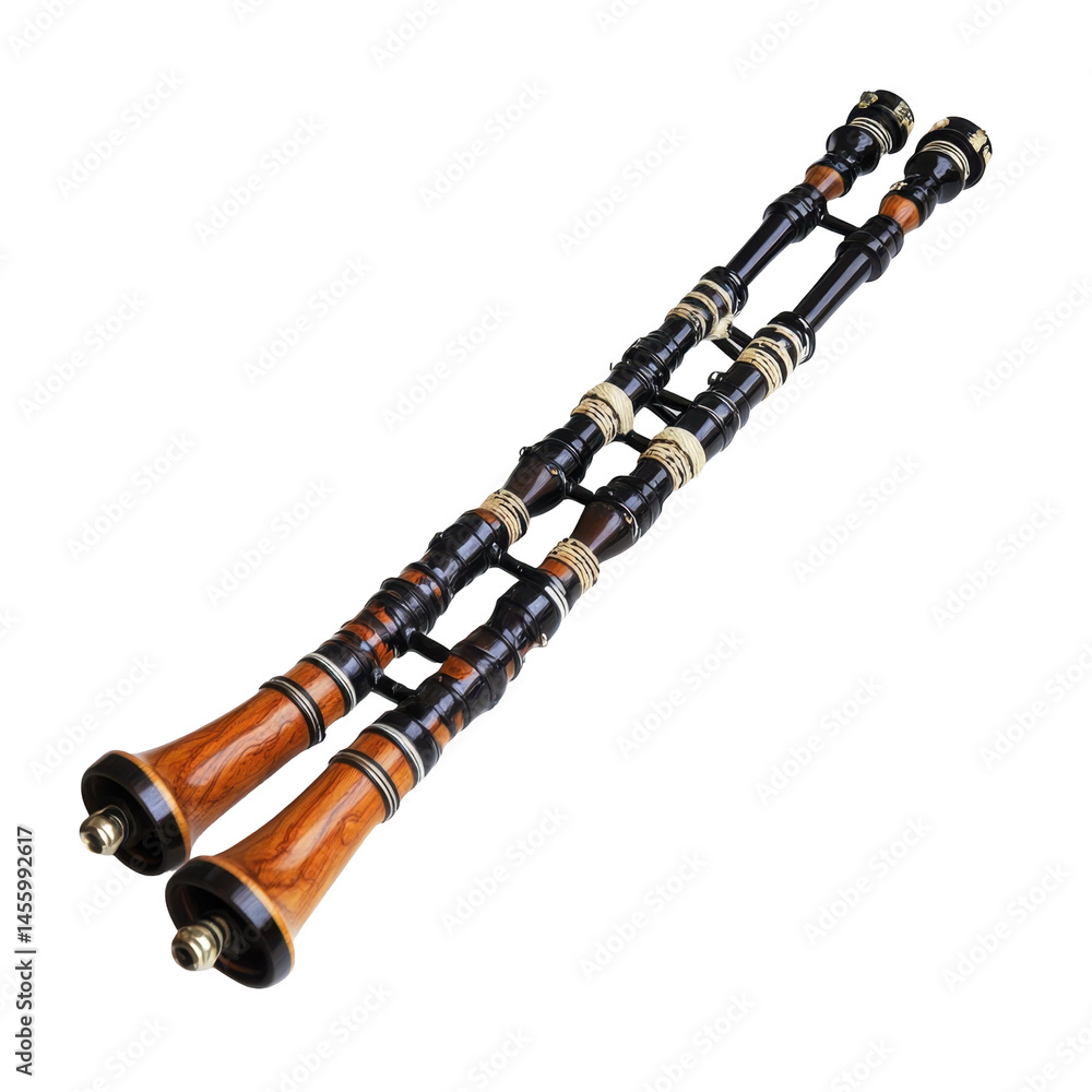 Naklejka premium Traditional wooden musical instrument displayed against plain background showcasing craftsmanship