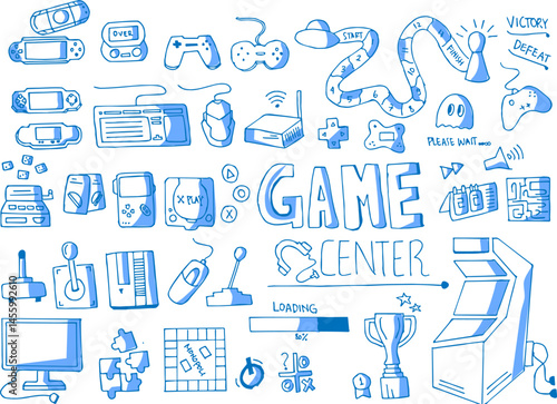 Colorful Doodle Collection of Gaming Icons and Objects Including Consoles, Screens, and Gamepads Representing Modern Interactive Entertainment Concepts