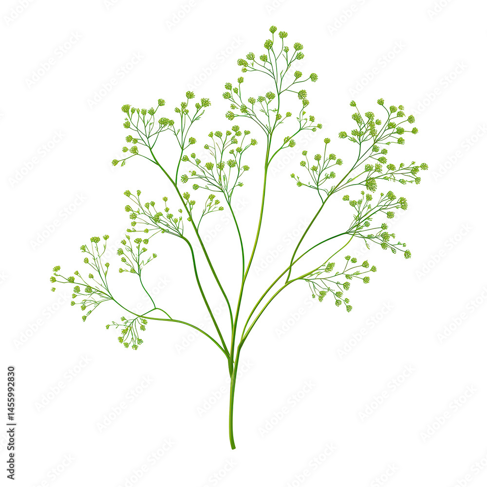 Delicate green herb with tiny flowers and slender stems in a minimalist style on a white background Delicate green herb with tiny flowers and slender stems in a minimalist style on a white background