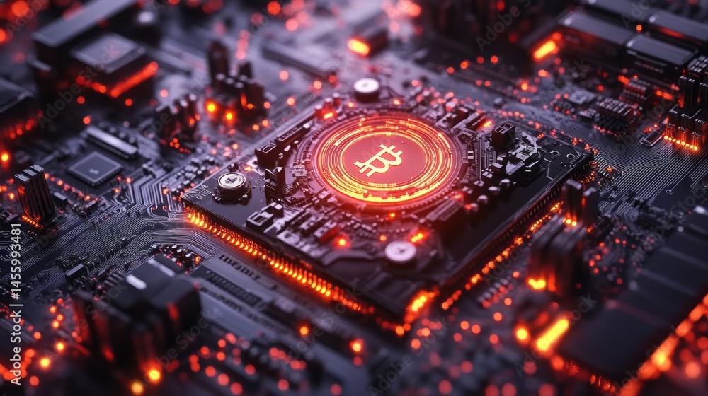 Abstract digital illustration of cryptocurrency on circuit board. Abstract digital illustration of cryptocurrency on circuit board.