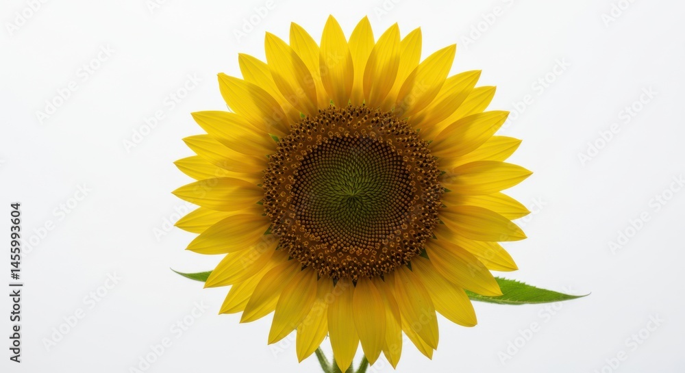 Close up shot of a vibrant sunflower with yellow petals against a stark white background center frame Close up shot of a vibrant sunflower with yellow petals against a stark white background center frame