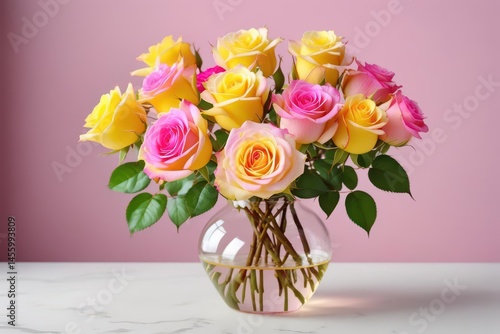 Pink & yellow roses in glass vase Elegant floral arrangement , texture, flowers