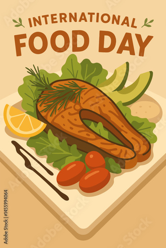 Cooked Salmon Steak Dish with Vegetables for International Food Day