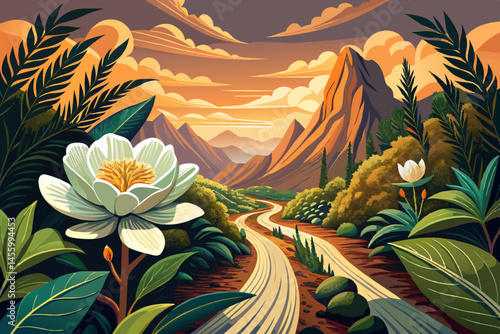 mountain landscape with colorful flowers, lush foliage, and scenic path inviting outdoor adventure and exploration vector. Ideal for hiking, travel, nature beauty, and wilderness themes