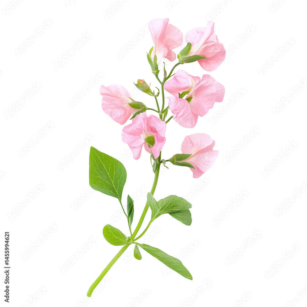 Beautiful pink sweet pea flower with delicate petals and green leaves on a white background Beautiful pink sweet pea flower with delicate petals and green leaves on a white background