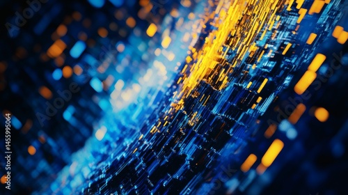 Abstract digital data flow, glowing blue and orange, technology background, website header