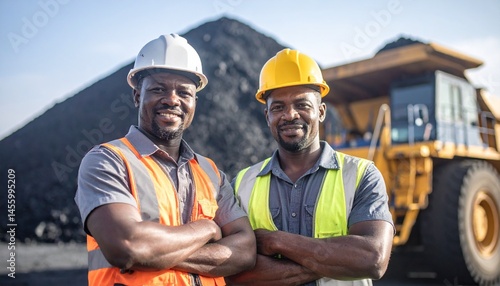 Confident African Miners Posing Together at Coal Mine Hardworking Team in Safety Helmets
