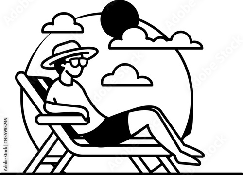 black and white illustration of a man is sitting on a beach chair