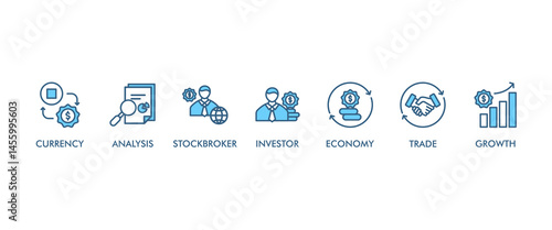 Forex banner web icon vector illustration concept with icon of currency, economy, trade, investor, growth, analysis and stockbroker