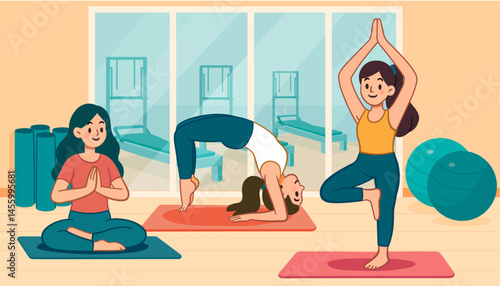 Group pilates, yoga training for woman in gym. Stretching, flexibility exercises. Fitness center.
