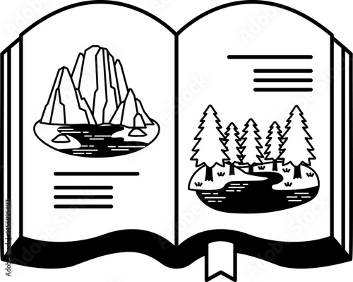 black and white illustration of tourist attraction guide book
