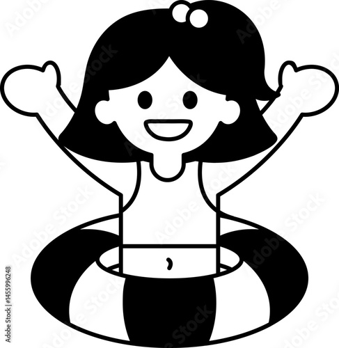 black and white illustration of a girl wearing a swimming ring
