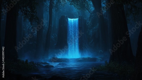 Fototapeta Naklejka Na Ścianę i Meble -  A waterfall cascades down a rocky cliff into a dark blue river, surrounded by a dense forest.