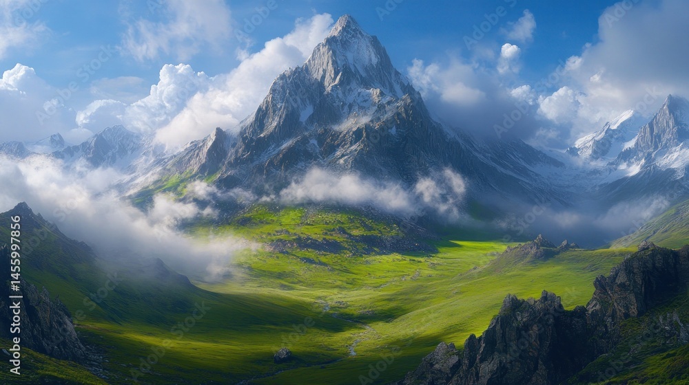 Fototapeta premium Majestic mountain peak with lush valley and clouds.