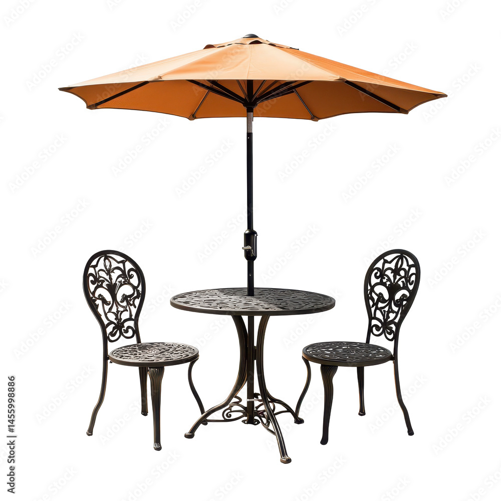 Elegant outdoor cafe table set under a bright orange umbrella at a sunlit patio Elegant outdoor cafe table set under a bright orange umbrella at a sunlit patio