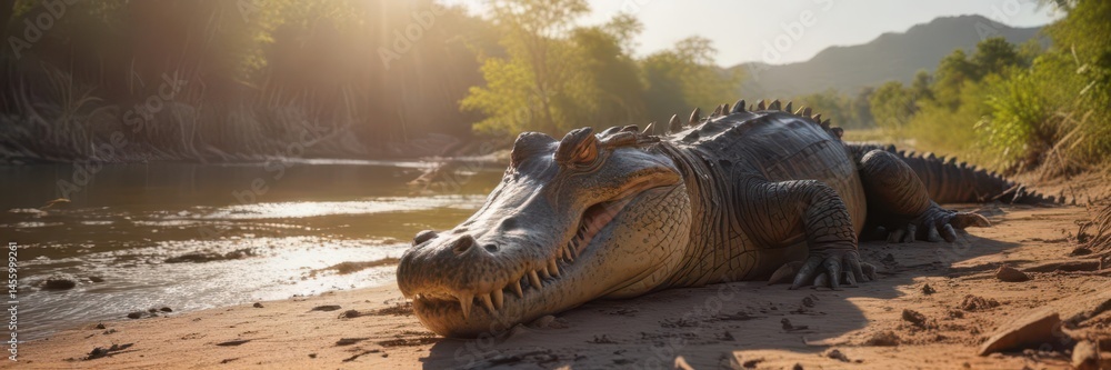 Fototapeta premium Massive crocodile rests, jaws agape, sun-baked riverbank , caiman, open mouth, riverbank