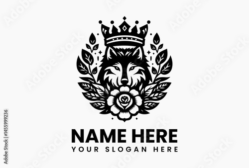 Vintage wolf head with regal crown and botanical flower elements in detailed vector logo, symbolizing wild nobility and nature’s heritage in classic design  