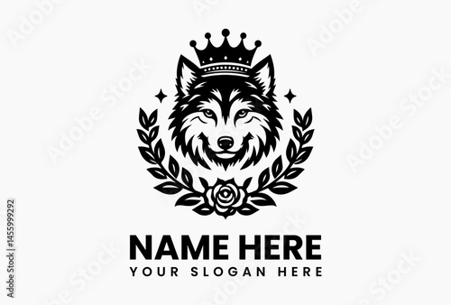 Vintage wolf head with regal crown and botanical flower elements in detailed vector logo, symbolizing wild nobility and nature’s heritage in classic design  