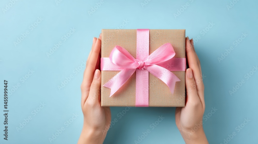 A pair of hands holds a beautifully wrapped gift box with a pink ribbon against a light blue background. A pair of hands holds a beautifully wrapped gift box with a pink ribbon against a light blue background.