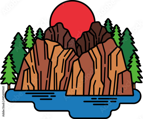 A mountain range with a red sun in the sky