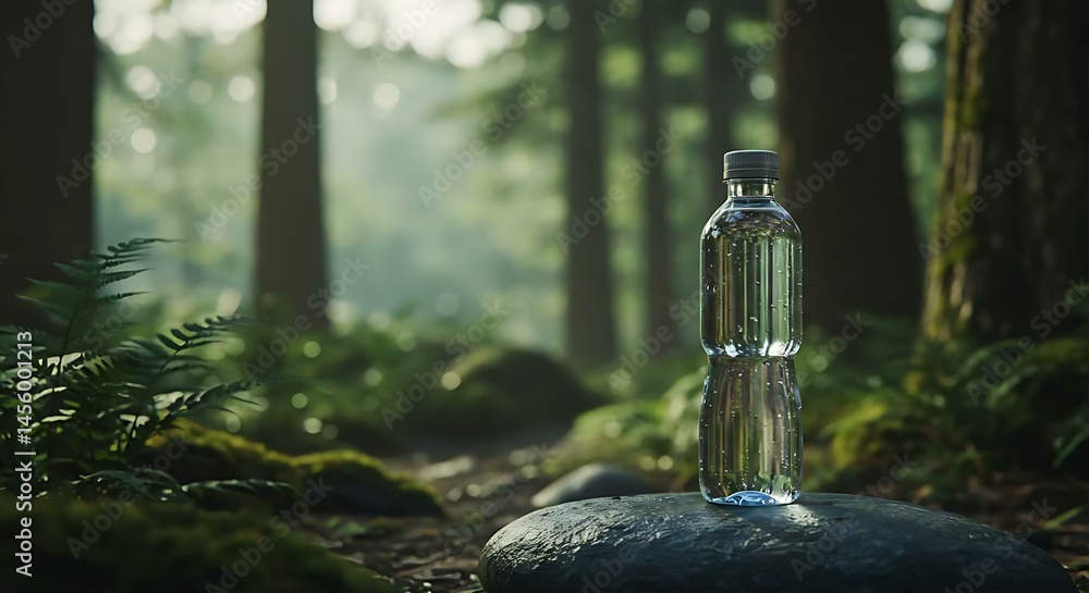 Clear plastic water bottle on a rock in a lush green forest environment promoting hydration sustainability and eco friendly outdoor healthy living for advertising. Clear plastic water bottle on a rock in a lush green forest environment promoting hydration sustainability and eco friendly outdoor healthy living for advertising.