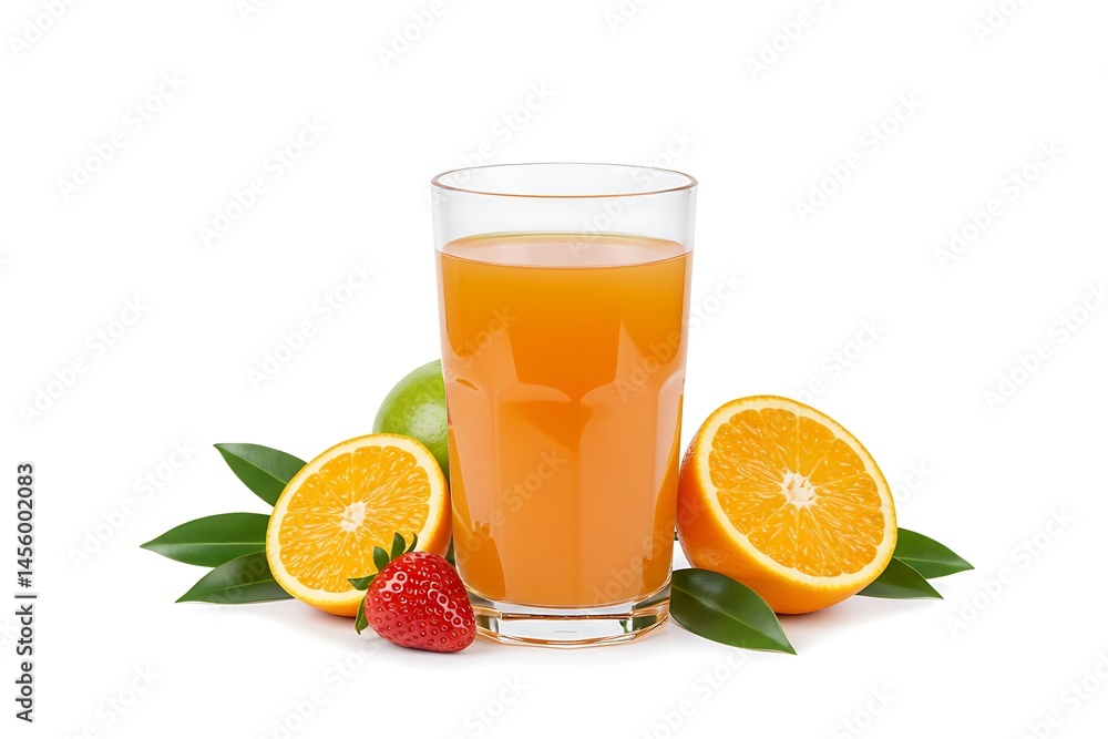 Orange Juice in Glass with Sliced Oranges and Strawberry on White Background Orange Juice in Glass with Sliced Oranges and Strawberry on White Background