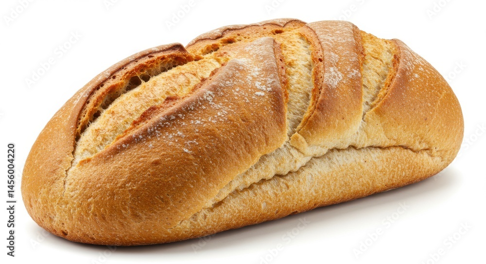 A loaf of crusty bread with visible scoring on top sitting on a white background in a studio shot A loaf of crusty bread with visible scoring on top sitting on a white background in a studio shot