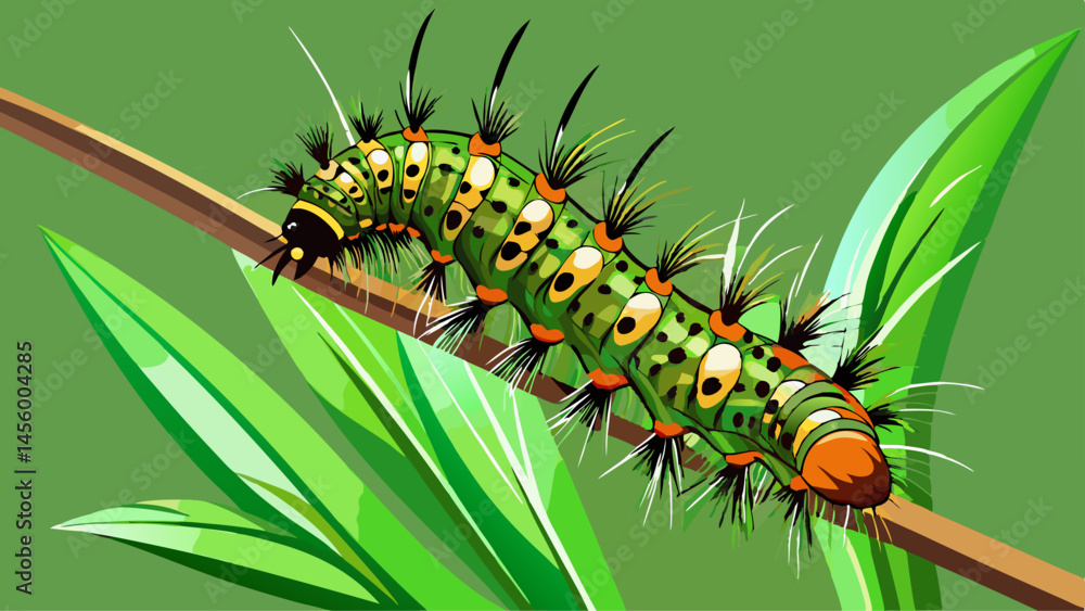 Fototapeta premium Grass moth, acronicta rumicis larvae, caterpillar climbing on stem with green background from side. Macro animal .Very beautiful