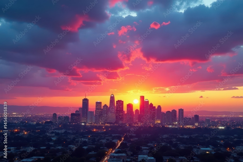 Fototapeta premium Sunset hues paint cloudy sky above San Diego's downtown skyline , downtown, light, atmospheric