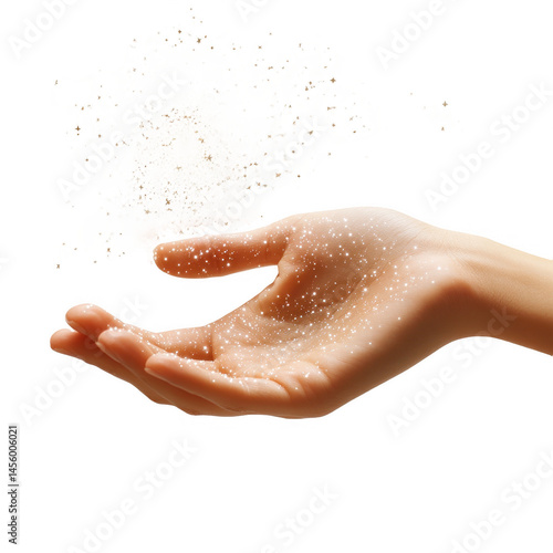 Hand holding cloud magic fantasy sparkle dust glitter ethereal concept on transparent background