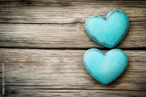 Two light teal painted wooden hearts on a weathered wooden plank background