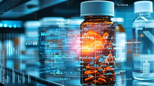 Cinematic display of a medicine vial showcasing advanced technology and pharmaceutical innovation on a shelf in a contemporary lab